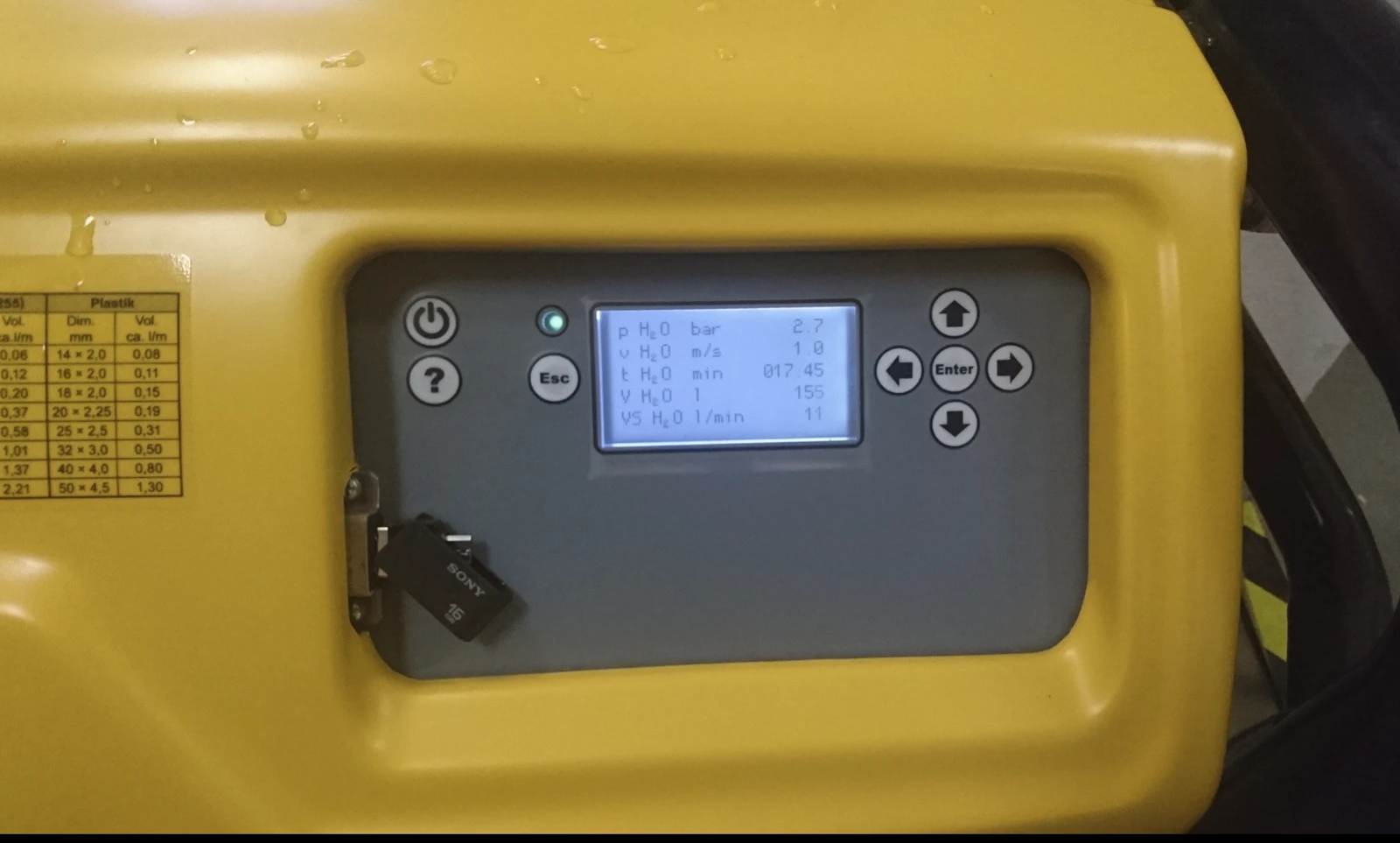 Detail displeje REMS Multi-Push během proplachu zobrazující tlak, průtok a průběh práce